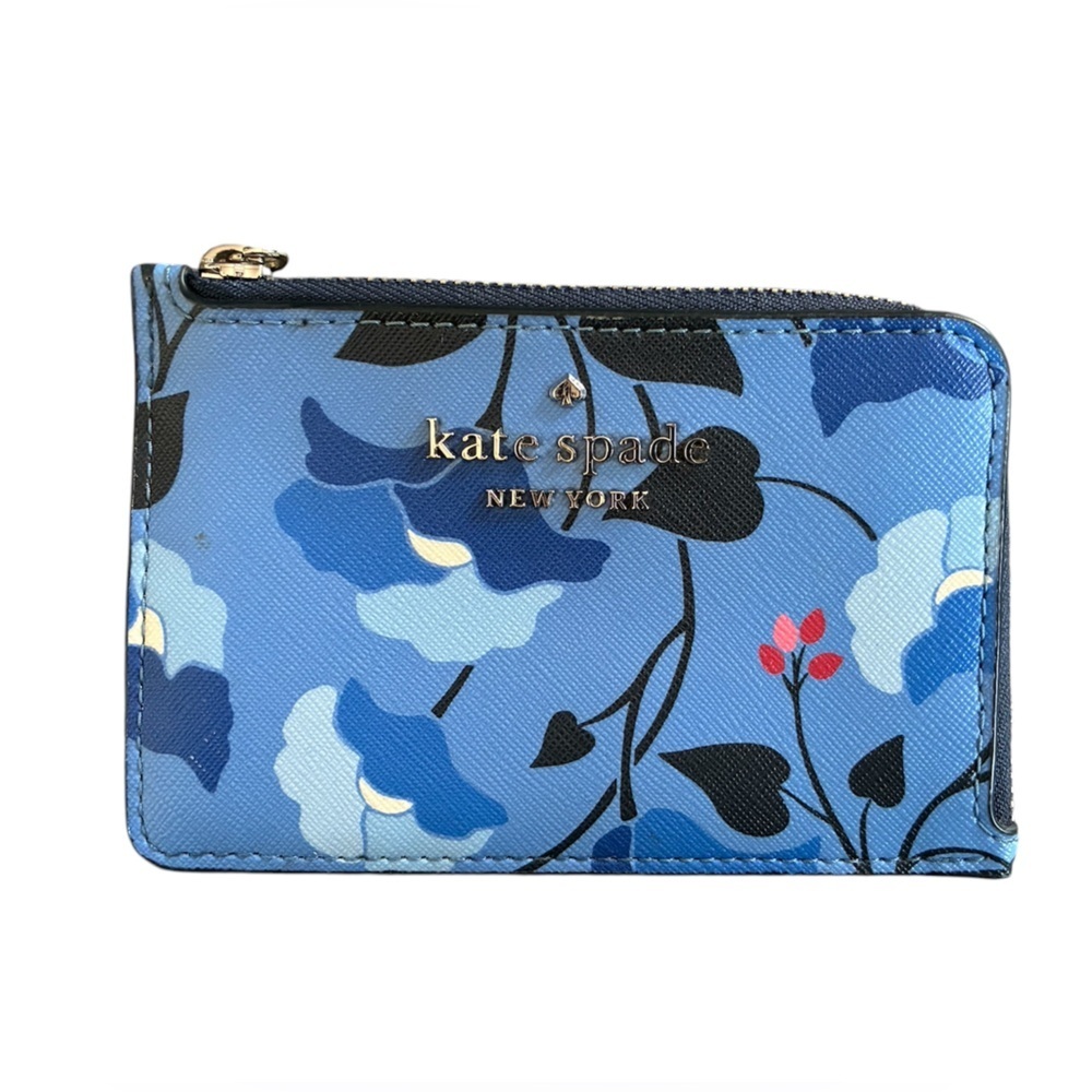 Kate Spade New York Staci Small L-Zip Bifold Wallet blue floral pattern.